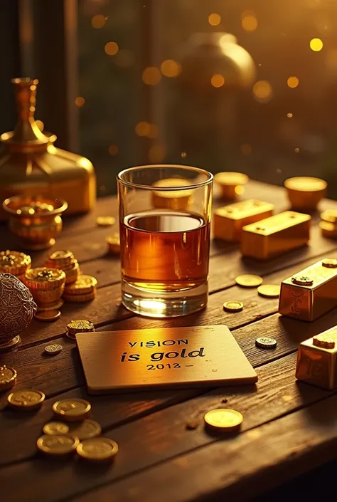 A table with a glass of whiskey and gold, lots of gold and a board with the words vision is gold 