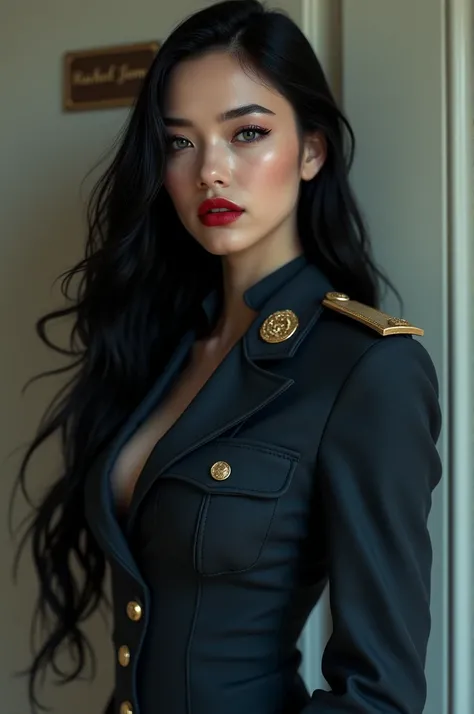 A young white woman with long jet black hair, SAPPHIRE BLUE EYES, full red lips, milk white skin, hourglass body in military uniform and on the plaque the name Rachel James 