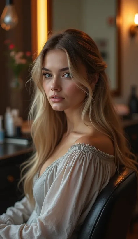 Russian girl with beautiful long hair, sitting at the hairdresser.