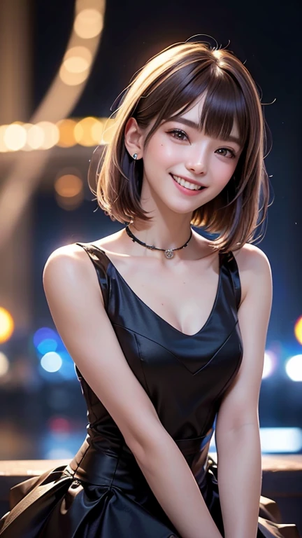 Best Quality, masterpiece, Ultra-high resolution, (Realistic:1.4), (Close-up portrait) RAW Photos, 1 girl, 2,Slender body,Large Breasts,((Short brown hair with straight bangs)),((Looking up at the audience)), Realistic pictures, ((Small breasts)),((Smiling...