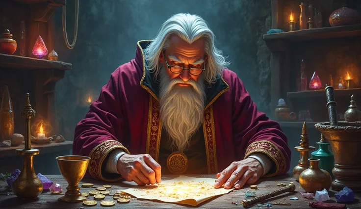 Create an ULTRA REALISTIC image that CONVEYS DEPTH, showing a Wizard working at his table full of tools.** The Wizard is a wise and confident looking man, with a velvet cloak rich in gold details. Your table is full of symbolic elements: potions, scrolls, ...