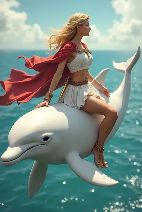 A girl riding on a white dolphin、Dressed in Greek white clothing、mini skirt、Winged Sandals、He carries a golden dagger on his hip.、Leather Belt、Red Cape、Golden Hair、Gazing into the distance from the ocean