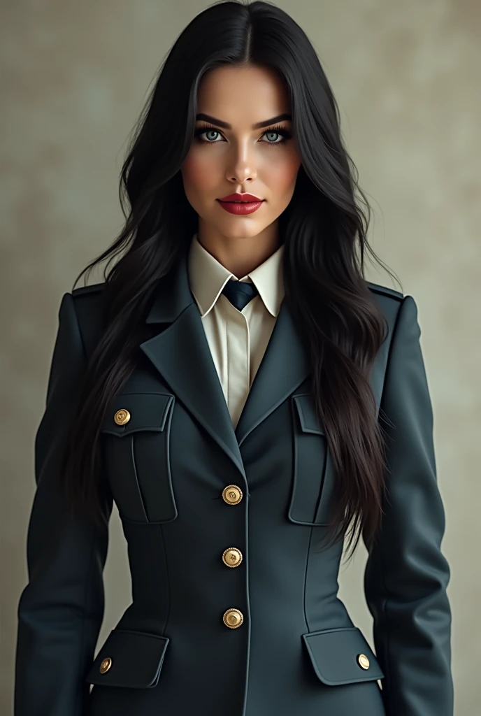 A young white American woman who bears a resemblance to Megan Fox with long jet black hair, SAPPHIRE BLUE EYES, full red lips, milk white skin, hourglass body in military uniform and on the plaque the name Rachel James 