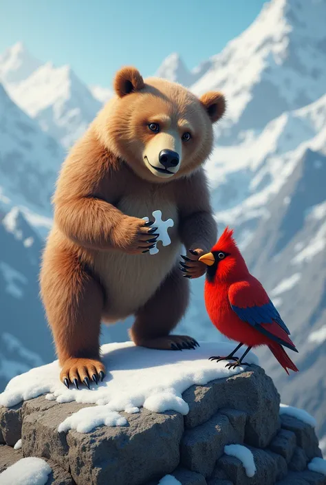 A bear and a red bird and he holding a piece of a puzzle on top of a mountain 