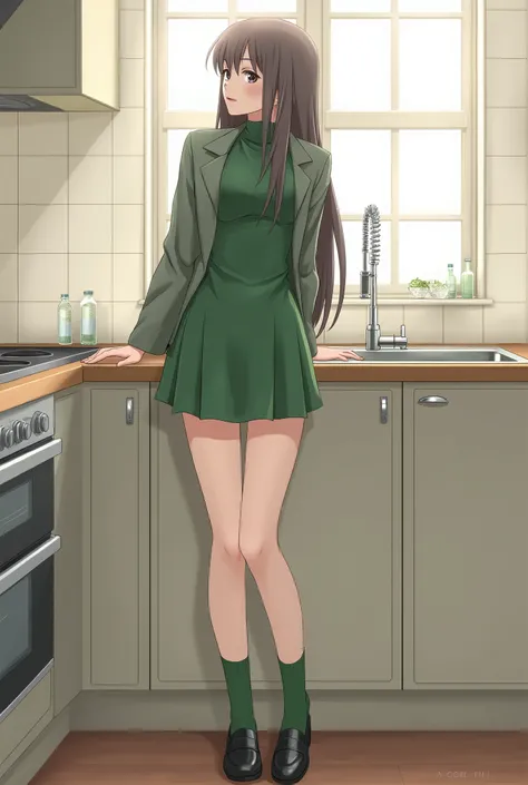 {{high school girl}}}、{{{long hair}}},{{{official style}}} {{{adult}}},green dress,one-piece dress,turtleneck,green mini skirt, ｛jacket},green socks,loafers,kitchen,stand in front of the sink、green turtleneck dress、back view leaning forward、Bring your uppe...