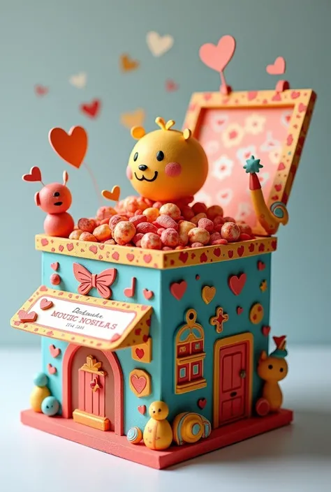 Create a surprise box made of foam that contains a dedication, a space for candy, a base, decorations according to the theme, friendship, music, anecdotes and memories, and that is colorful with figures.