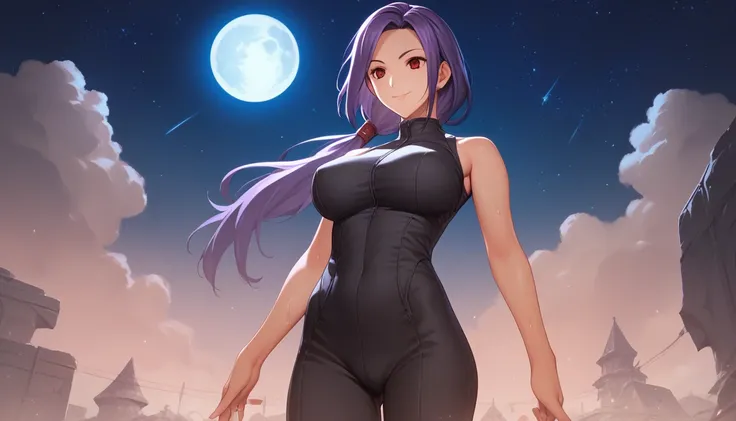 Score_9, Score_8_up, Score_7_up, One girl,smile, Hirokazu Koyama ,Cowboy Shot,Sweaty,sexy,Pixel Perfect,Large Breasts,Anatomically correct, masterpiece, Very detailed,Outdoor,8k, (background,big moon,Starry Sky,Detailed),(Fits your body,Black rider suit,Sl...