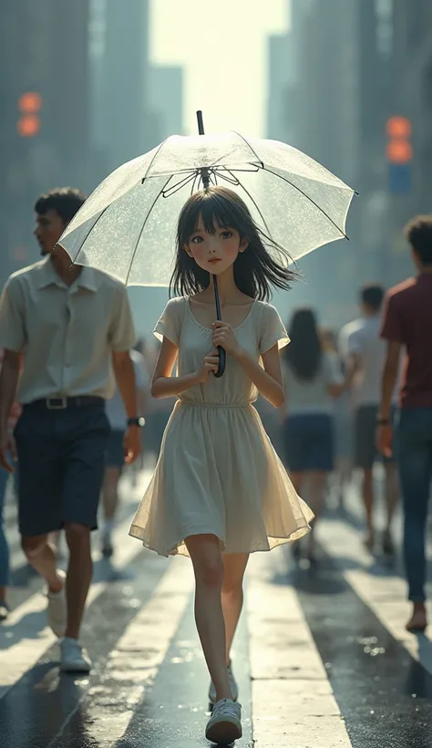 I see a young girl，She was wearing a light dress，Carry a small bag，Thin hair fluttering in the wind。She has a beautiful face，Eyes are clear and bright。

The girl had a special umbrella.，This umbrella is transparent，No frills，The surface of the umbrella is ...