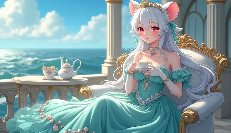 (best quality,4k,8k,highres,masterpiece:1.2), Pretty albino girl has a princess of the sea, drawn in 2D anime style, wearing a iridescent turquoise princess gown with puffy sleeves, steampunk, gorgeous frilly dress design,flowing gown, elaborate lace detai...