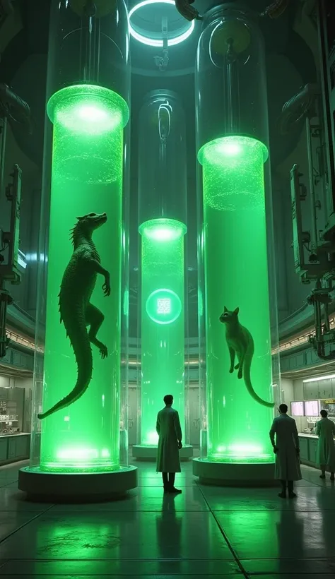 A near-future laboratory scene featuring three massive capsules filled with glowing green liquid, facing each other. The left capsule contains a dragon and the right capsule contains a cat, both in their natural forms, floating inside the capsules. In the ...