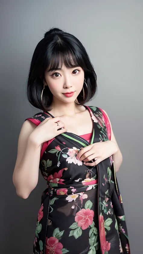 Vivid,Normal chest,(((between legs))),cute,(Detailed face),Edo period,Ultra-high resolution,（Photorealistic：1.7）,Black Hair,Gray background,