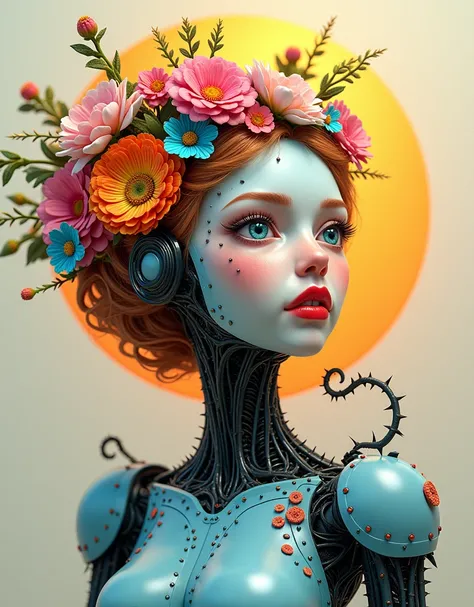 (estilo de Oskar Kokoschka:1.2),(Arte expressionista abstrata:1.2) A 3D girl with bluish robot body, detailed face, red mouth, wavy ginger hair, vibrant flower tiara on her head, flowers and thorns sprout from the robotic body, soft solar background