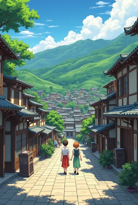 Vintage town with peace, Hunter x Hunter art style, (cel shading, vintage anime:1.25)