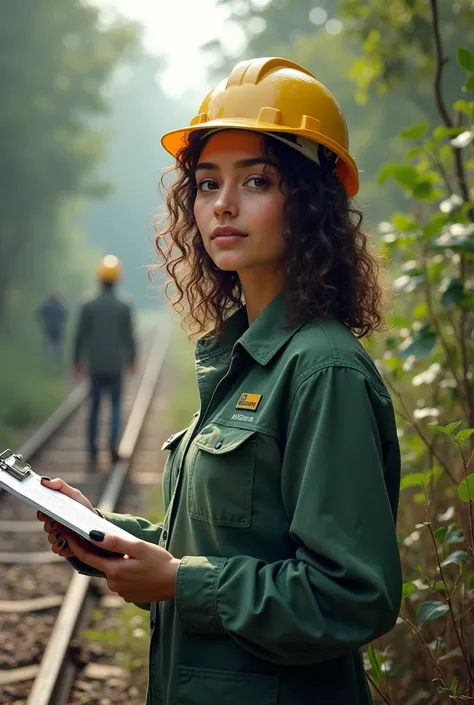 An image of an environmental analyst with 3b curly hair, waist length. slightly slanted eyes, one meter and 64 meters tall, black painted nails a little long.
Furthermore, wearing an IBAMA environmental licensing uniform, standing in a railroad venture ana...