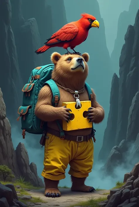 A bear with yellow pants and a blue backpack on his back and a cord around his neck with a shark tooth in the middle and a red bird with a big yellow beak above him and he holding a yellow puzzle piece on top of a Dark Fantasy mountain 