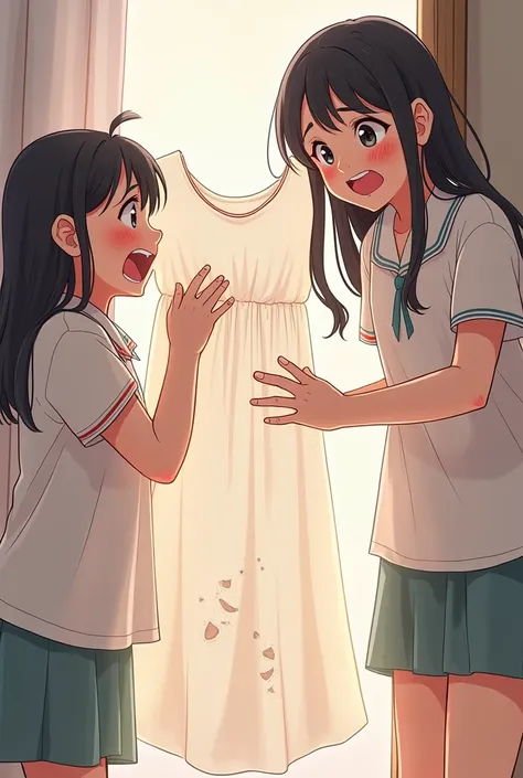 Two young girls take a mirror one girls dress damaged at her chest she shoked and second one girl laughing on her