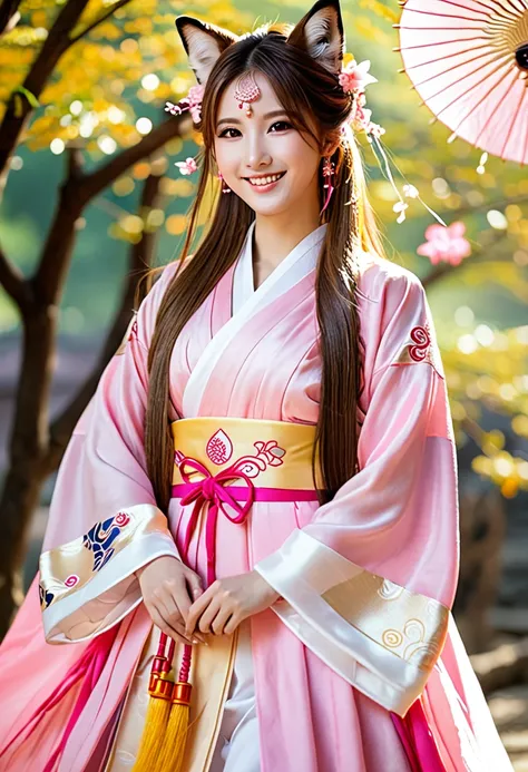 Beautiful girl, goddess, tender,long brown hair, honey colored eyes, corona, dressed in a pink hanfu, he is 1, It is a 6-tailed fox, smile happily 