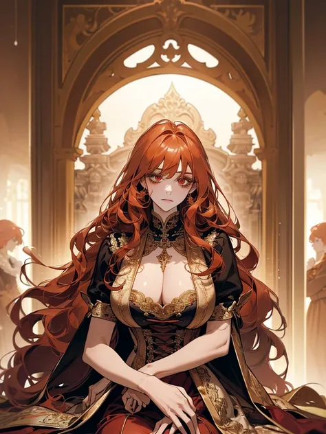 ((Best quality)), ((Masterpiece)), (details), Young woman, alone, (Big Breasts, Orange hair, Red eyes, ((My hair is very long., Long wavy hair)), (Bangs:1.3) , curve, large chest, huge breasts, Beautiful face, Beautiful skin , Long eyelashes, Thick eyelash...