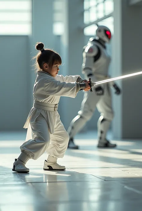 Girl holding a sight saver、Future World Dojo、Practice sword fighting against a training robot、The Master watches from afar、White combat bodysuit、With protector、Performing tricks、Spit on