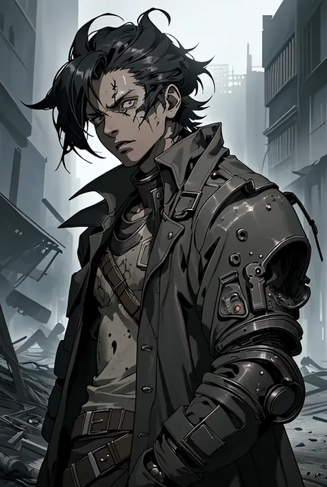 a 3 male anime character, short straight black hair, futuristic uniform, black trench coat, post-apocalyptic wasteland background, extremely detailed face and eyes, intricate details, cinematic lighting, dramatic shadows, moody atmosphere, vibrant colors, ...