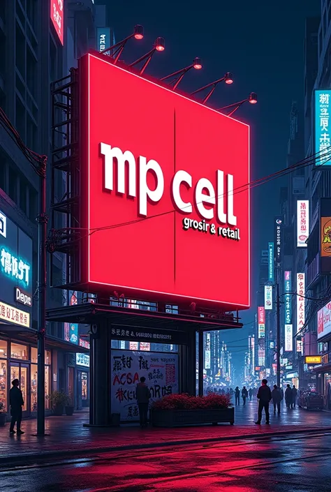 Red Billboard with text " MP CELL, grosir & retail", japan anime style 
