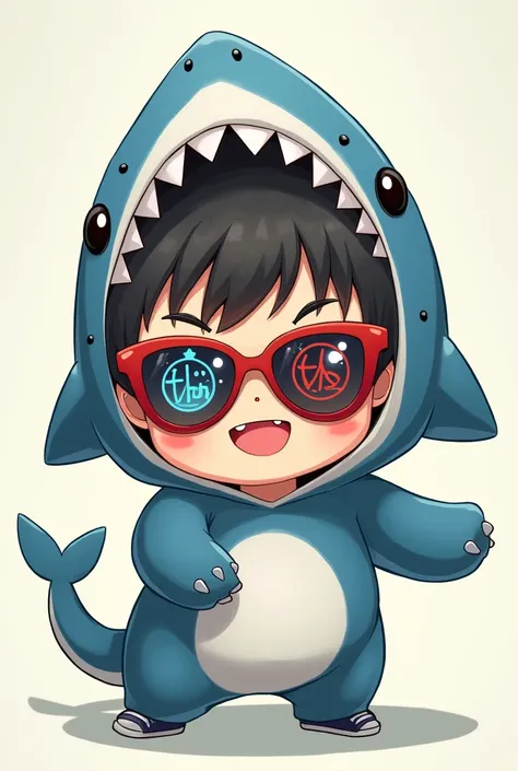 Make a picture of an anime boy with the right eye that symbolizes good luck and the left eye that symbolizes bad luck Smiling .Wearing a shark costume with sunglasses 