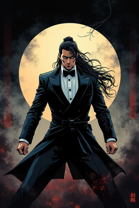 Create a image of samurai  with a long hair posing like about to fight as comic in tuxedo facing backwards a  in  a circle add dark background shadows