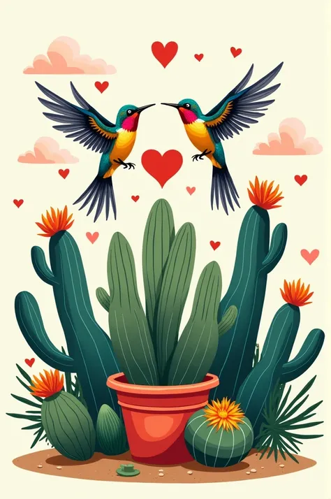 Create a gift with beautiful cacti and two colorful birds and a heart that circle
