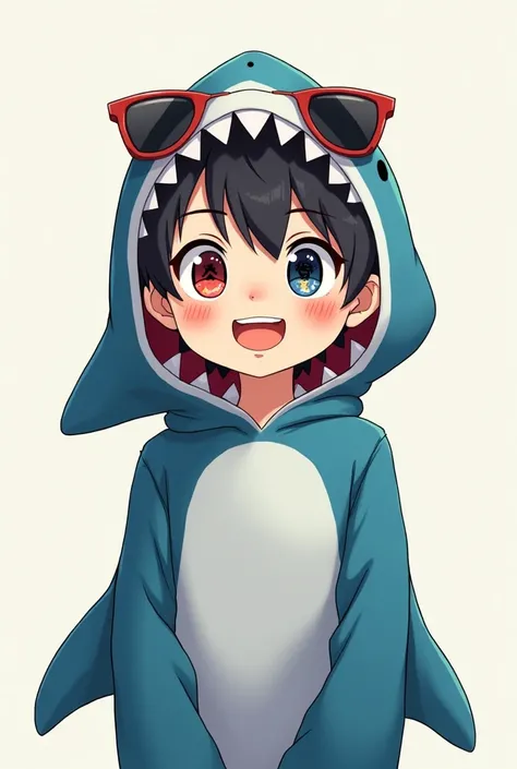 Make a picture of an anime boy with the right eye that symbolizes good luck and the left eye that symbolizes bad luck Smiling .Wearing a shark costume with sunglasses 