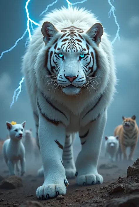 combination of a bengal tiger, leon, puma and jaguar, soft-furred albino with electric blue eyes, fierce and with lightning in the sky, like a mythical animal, surrounded by women and female animals.

