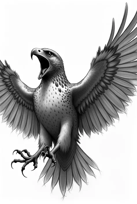 A hawk with its beak open screaming as if warning that it is going to attack prey that is far away from it, all in black and white with sketchy and very realistic lines, with open wings, screaming to scare off prey, as if his image was shaking because he w...