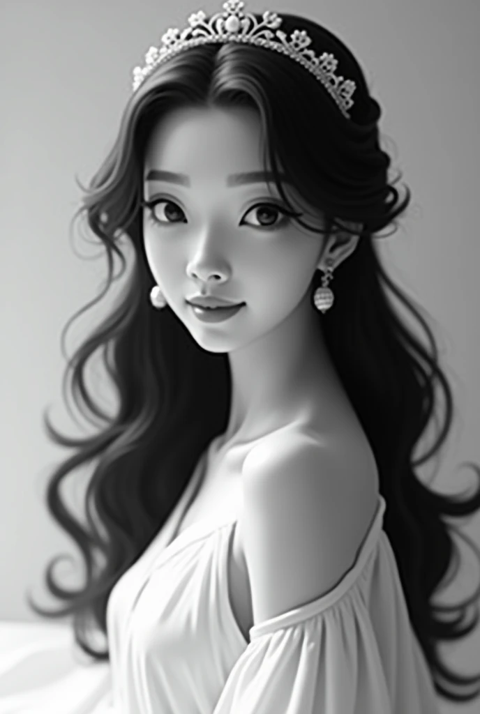 Woman with long curly black hair with crown on her head,  black eyes korean, striking smile, light black skin, in Pixar style in black and white white clothes