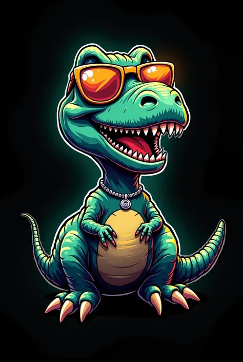 "A black t-shirt with a striking central design of a graphic-style smiling dinosaur. The dinosaur has a cartoonish and disturbing style, with details including sunglasses, silver necklace and visa card. The outline of the dinosaur is made with a multi-colo...