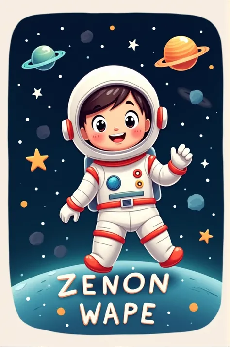 Cute child&#39;s cartoon A logo with astronaut with his helmet closed without showing his face in space, written Zenon wape