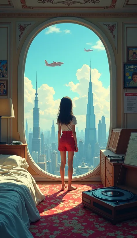 A young slender girl woke up early in the autumn morning. She is standing by a huge panoramic window. Outside the window is a city of the distant future. Skyscrapers and flying cars, buses. In the style of positive cyberpunk and the film The Fifth Element....