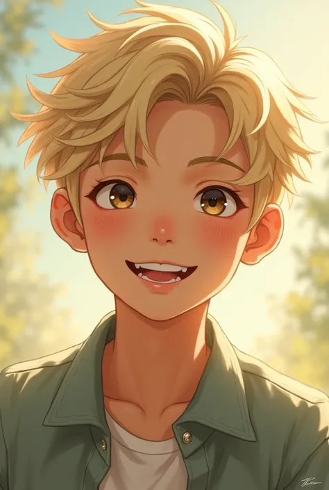 A blonde japanese guy with a cute wide smile, and light complexion, epiCRealism