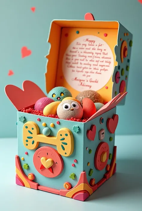 Create a surprise box made of foam that contains a dedication, a space for candy, a base, decorations according to the theme, friendship, music, anecdotes and memories, and that is colorful with figures.