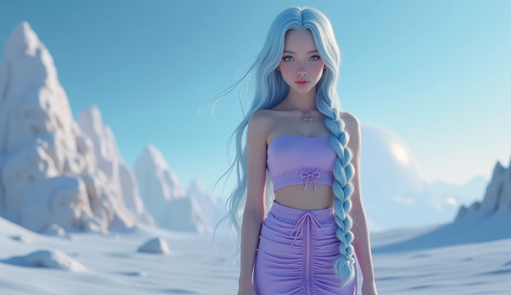 front view, wide shot, full body, young adult woman, realistic woman, long pale blue hair in mermaid braids, peach pink lip gloss, blue eyes, small perky breasts, petite frame, button nose, beatiful in all aspects, wearing a lilac two-piece Drawstring Crop...