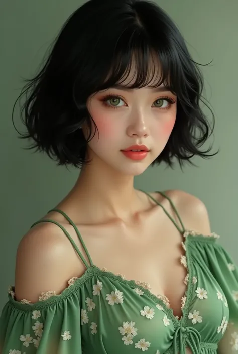 portrait of a beautiful young woman with short black hair, green eyes and coral lipstick, wearing a green floral top,Her shoulders are showing,