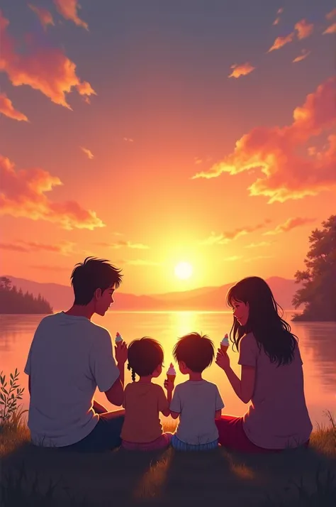 A family of 5 people 2 girls 1 boy and the dad and mom watching a sunset and eating ice cream 
