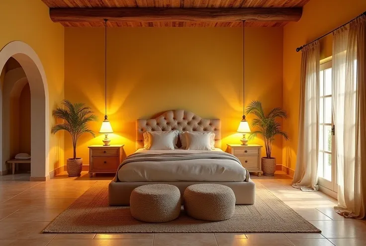 Bed ROOM interior design Mediterranean style villa interior with characteristic architectural elements such as curved arches, terracotta tiled floors, sunny yellow walls, natural wooden roofs and ceilings, warm yellow light used in the space, creating a fe...