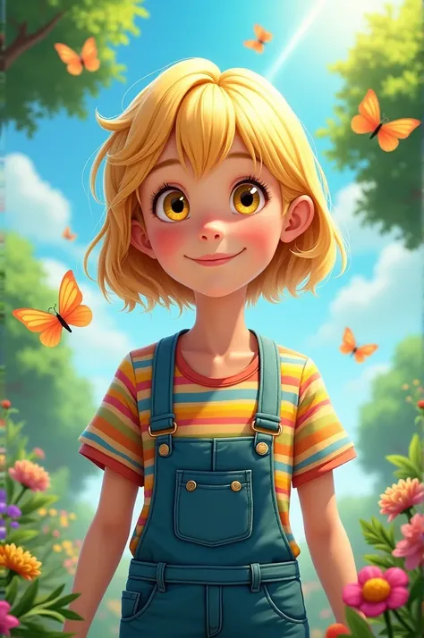 Girl on a background of trees and bright blue sky, and strong sun, butterflies flying around. The girl in a tight, rainbow-striped blouse and dungarees(a jumpsuit with shorts) a smile on her face and short blonde hair, yellow eyes 