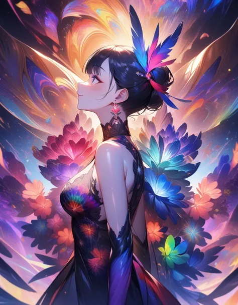 ((fractal art)),((masterpiece,best quality,extremely detailed,ultra high res,detailed background)),(((abstract background))),(1girl),((colorful)),flowers,(shiny skin),((many colors)),(earrings),feathers
