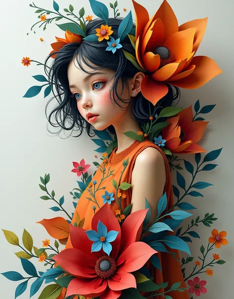 (estilo de Oskar Kokoschka:1.2),(Arte expressionista abstrata:1.2)3D girl,with a paper floral collage wrapped around the body like a blanket,vibrante colors