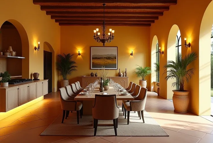 Dinning ROOM interior design Mediterranean style villa interior with characteristic architectural elements such as curved arches, terracotta tiled floors, sunny yellow walls, natural wooden roofs and ceilings, warm yellow light used in the space, creating ...