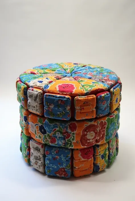 A round, cylindrical seat without a backrest. Made from plastic bottles covered with recycled fabric. The entire seat is without designs but more colorful. 
