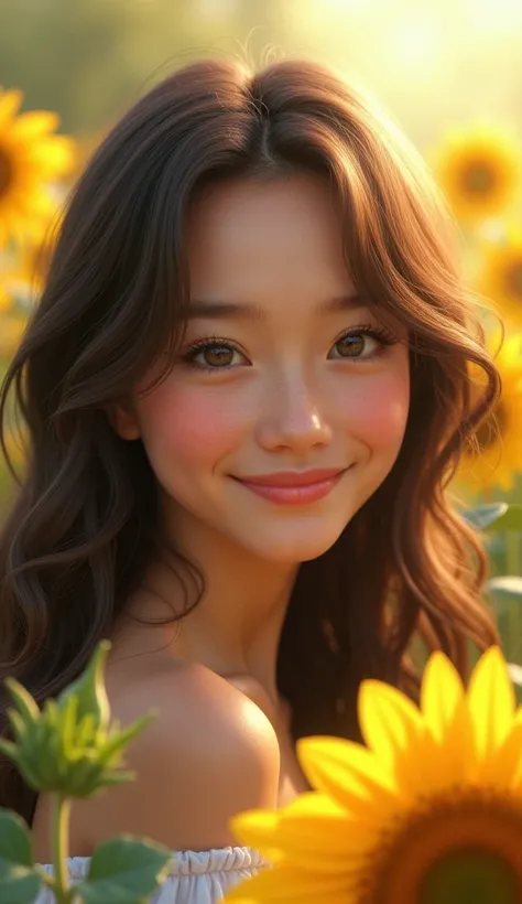 A honey-skinned girl with dark brown hair and gray eyes, her face was full of a smile and she had a happy smile on her face. She had warm and gentle eyes. Her background was full of sunflowers.