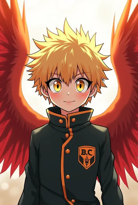 A short teenage boy, light blonde hair, Golden eyes with a black line in their pupil, has red wings, and an eyeliner similar to Hawks&#39;, He is wearing the UA School uniform from My Hero Academia anime. 