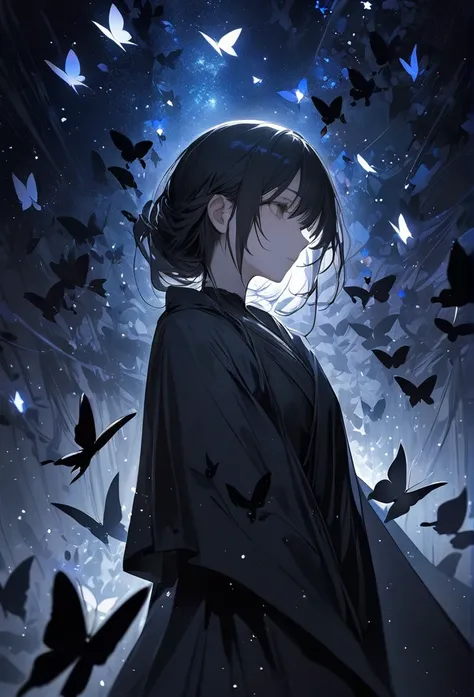 Upper body close-up（((masterpiece), on)The Black Dreamer. A figure wrapped in a deep black robe, surrounded by dark butterflies that move silently like shadows. The background is a star-studded night sky, giving the scene a mysterious yet slightly eerie at...