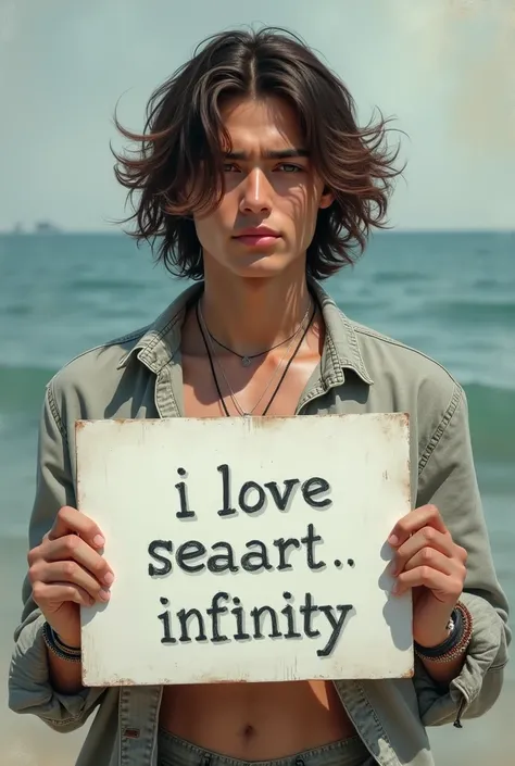 Handsome young man with wavy long hair in bohemian dress, holding a white board with writing "I Love Seaart Infinity" and showing it to the viewer